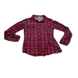 Red and Black Plaid Blouse with Long Sleeves